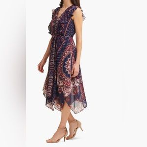 VINCE CAMUTO Navy Ruffled Handkerchief Hem - Midi - Sheath Dress